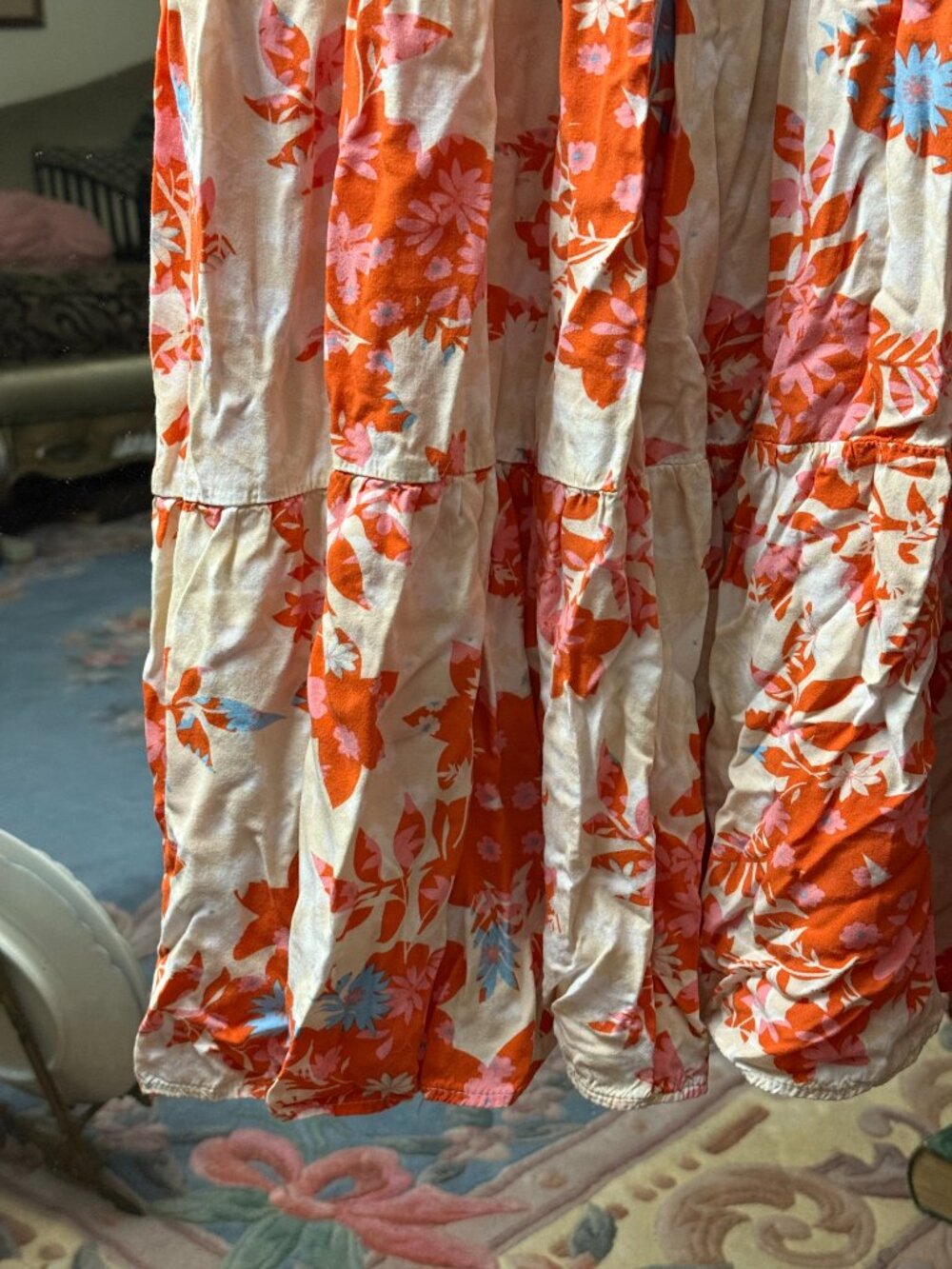 Cream and Orange Floral Smocked Midi Dress - Picture 3 of 5